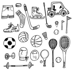 doodle set of sports equipment. hand drawn vector illistration
