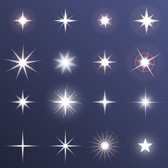 Naklejka premium Set transparent glowing light effect stars bursts with sparkles