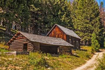 Fototapeta na wymiar Two homes from the early days of mining in what is now a ghost town