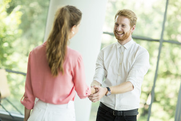 Young woman and man handshaking