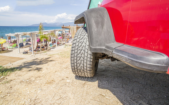 Car Jeep Wheel, Beach  Sea, Red - Preveza Beach