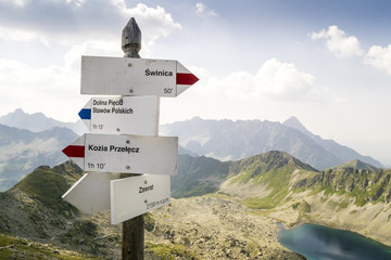 Sign with direction on Zawrat Pass, Tatra Mountains