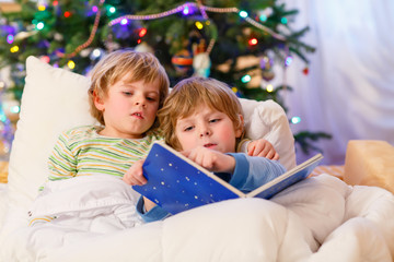 Two little blond sibling boys reading a book on Christmas