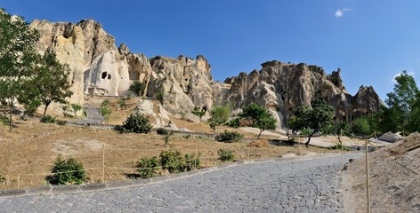 Historical Cave Houses Panorama in Goreme Open Air Museum, Cappadocia Turkey