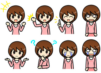 シンプルキャラクター　会話・表情イラスト集　女性（長袖）その２