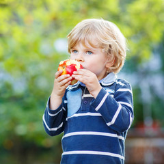 Funny blond kid boy eating healthy apple