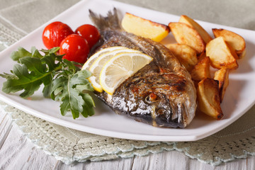 Grilled dorado fish with potatoes closeup. horizontal 

