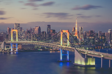 Obraz na płótnie Canvas Tokyo bay and Tokyo rainbow bridge in evening
