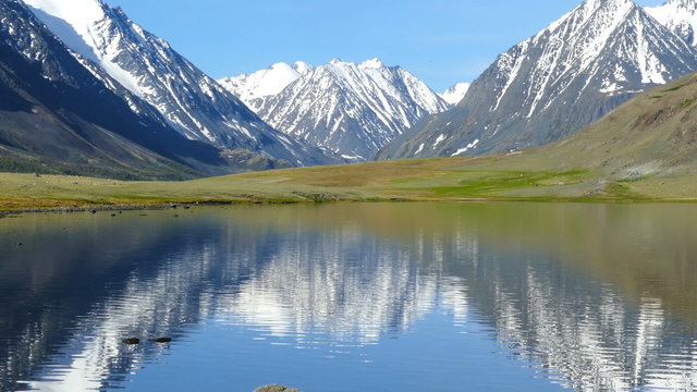 mountain landscape with lake in Altay, Russia, zoom in
