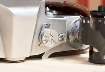 Close-up old vintage camera with film.