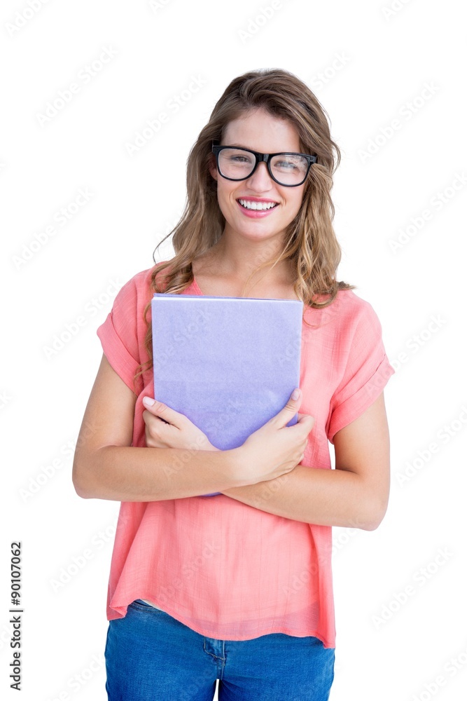 Poster composite image of pretty geeky hipster holding notepad