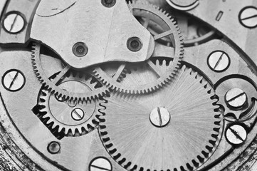 Black and white macro photo metal clockwork