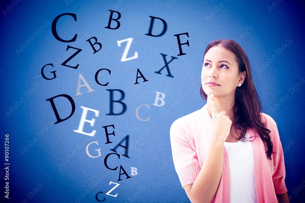 Poster composite image of pretty brunette smiling and thinking