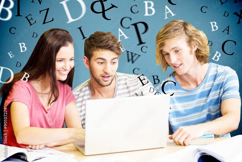 Poster composite image of college students using laptop in library
