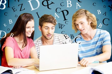 Composite image of college students using laptop in library