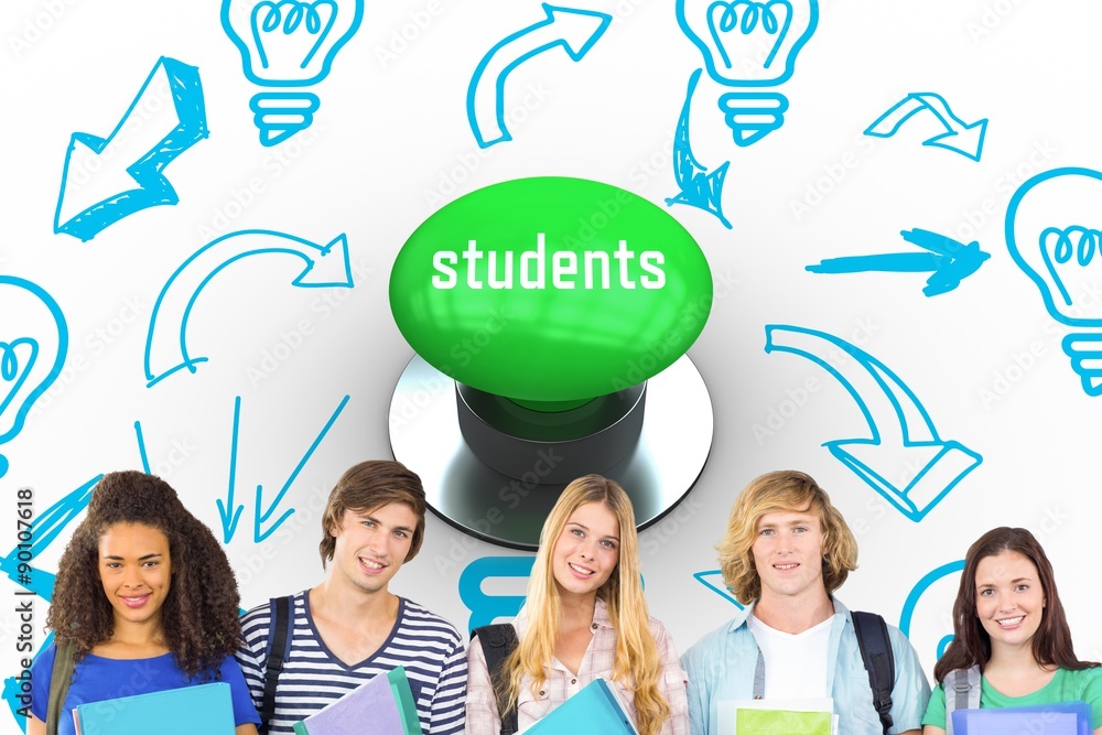 Poster students against digitally generated green push button