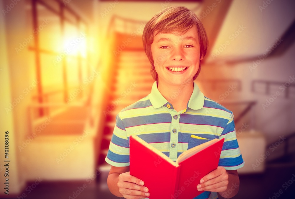 Poster composite image of cute pupil smiling at camera in library
