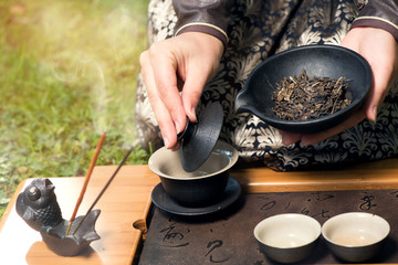 Female tea master making Chinese tea ceremony in garden