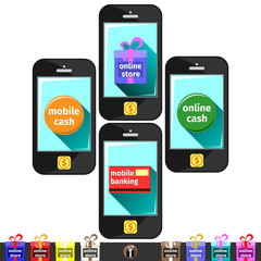 Mobiles with  icons card, gift boxes and coins. Online store, online cash and mobile banking. Vector illustration 10 EPS