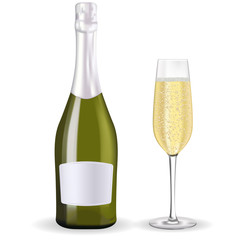 Champagne. Glass of sparkling wine and bottle.