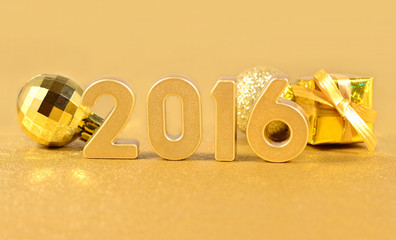 2016 year golden figures and golden Christmas decorations