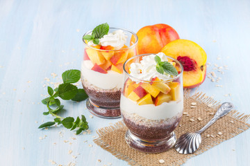 Chia seeds with oat flakes and peaches