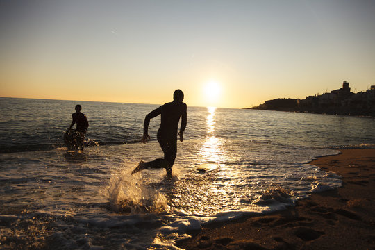 Surfing in San Pol de Mar in the coast of Catalonia, Spain