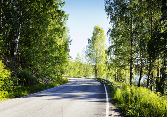 An empty asphalt road in the summer time. 