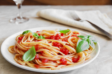 Pasta with tomato sauce on a plate