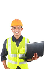 Vertical image of man asian engineer with laptop