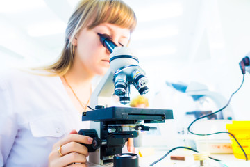 Girl technician in a medical laboratory, microscope and petri di
