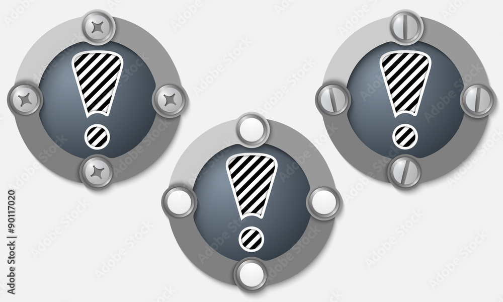 Poster set of three abstract icons with screws and exclamation mark