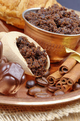 Brown sugar, cinnamon sticks and coffee beans, chocolate candy 