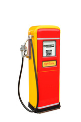 Red and yellow vintage gasoline fuel pump with clipping path
