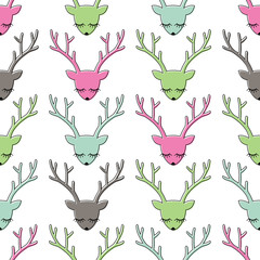 Colorful deer head seamless pattern. Animal head texture. Cute sleeping deer background for winter holidays. Xmas deer Illustration.