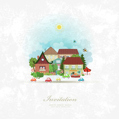 vintage invitation card with cute village landscape