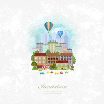 vintage invitation card with hot air balloons over a city