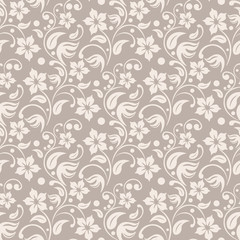 Beige floral background. Leaves and dots seamless vector. Tender colors textile pattern.