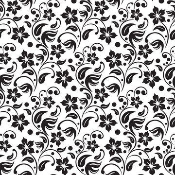 Black flowers leafs and dots seamless pattern