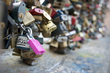 PRAGUE, CZECH REPUBLIC - july 22, 2015: Love locks in Prague. The locks are on a small pedestrian...