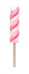 Pink and white spiral candy. Strawberry marshmallow lollipop.