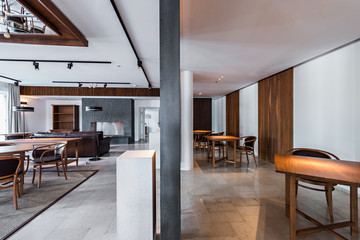 Interior of the restaurant of the luxury hotel.