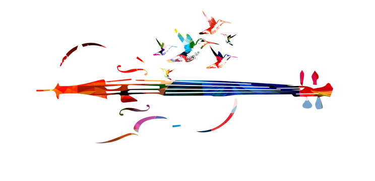 Colorful violoncello with hummingbirds
