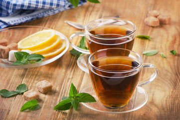 Glass Cups of tea with mint
