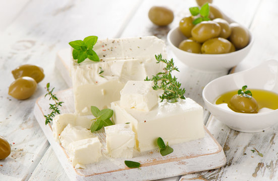 Feta cheese with green olives.