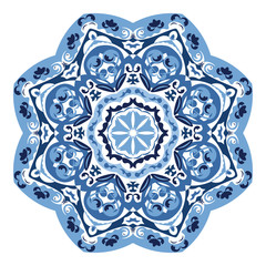 Round blue ornament. Vector design in gzhel style.