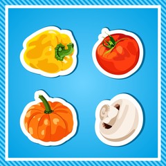 Set of vector vegetables. Isolated vegetables. Fresh and healthy food. Diet. Bright, juicy vegetables on a blue background. Tomato, yellow pepper, mushroom, pumpkin. Stickers, decals.

