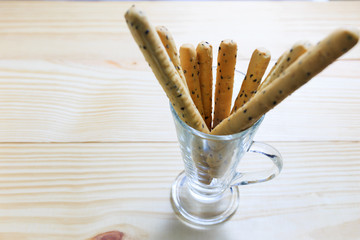 Stick bread in the glass, selective focus point