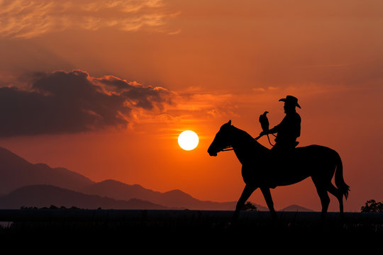 silhouette of Cowboy sitting on his horse at sunset background