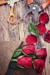 Woman making bouquet with red roses flower